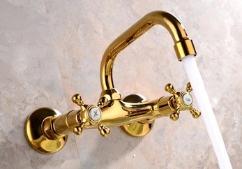 Antique Brass Golden Printed Wall Mounted Mixer Bathroom Sink Tap TG109W - Click Image to Close