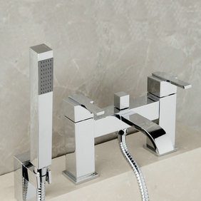Contemporary Double Handles Bridge Solid Brass Tub Tap with Hand Shower T0215