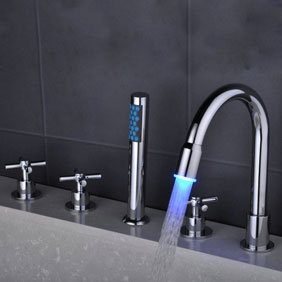 Contemporary Color Changing LED Waterfall Widespread Tub Tap with Hand Shower T0463F - Click Image to Close