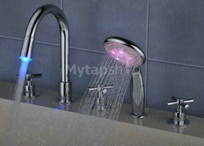 Contemporary Color Changing LED Waterfall Widespread Tub Tap with Hand Shower T0464F - Click Image to Close