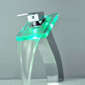 Contemporary Single Handle Waterfall LED Chrome Bathroom Sink Tap - T0815HF - Click Image to Close