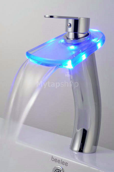 Contemporary Color Changing LED Tall Waterfall Bathroom Sink Tap - T0816HF - Click Image to Close