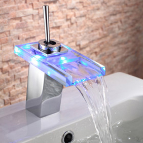 Contemporary Single Handle Chrome Waterfall LED Bathroom Sink Tap - T0818-1F - Click Image to Close