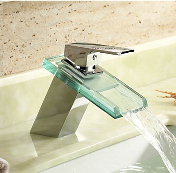Waterfall Chrome Finish Bathroom Sink Tap Mixer with Glass Spout T0818 - Click Image to Close