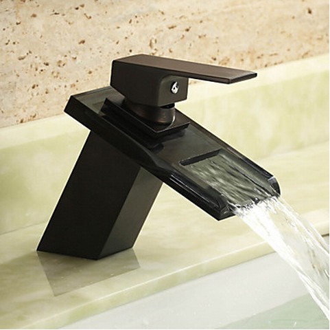 Antique Black Finish Waterfall Centerset Glass Bathroom Sink Tap T0818B - Click Image to Close