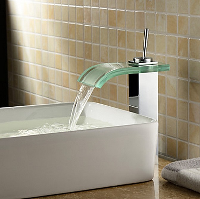 Contemporary Waterfall Bathroom Sink Tap with Glass Spout T0821 - Click Image to Close