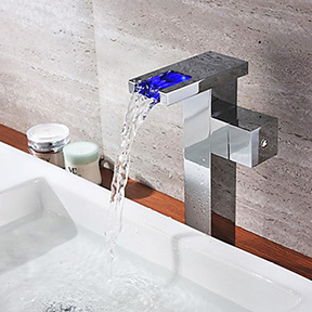Chrome Finish Single Handle Color Changing LED Waterfall Bathroom Sink Faucet Tall T0828HF - Click Image to Close