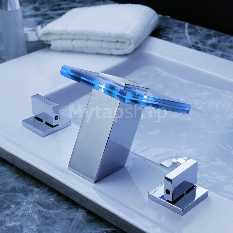 Contemporary Color Changing LED Waterfall Widespread Bathroom Sink Tap T0830F
