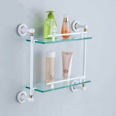 Brass Double Roasted White Porcelain with Tempered Glass Bathroom Shelves TCB8008 - Click Image to Close