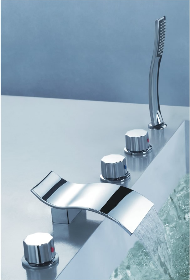 Contemporary Two Handles Three Holes Waterfall Tub Tap with Hand Shower - T7709W