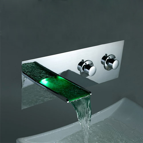 Contemporary Color Changing LED Two Handles Waterfall Widespread Bathroom Sink Tap - T8001F