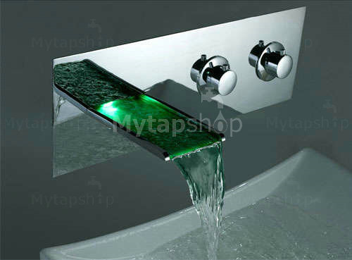 Contemporary Color Changing LED Two Handles Waterfall Widespread Bathroom Sink Tap - T8001F