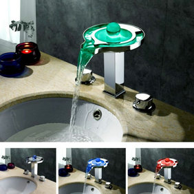 Contemporary Color Changing LED Waterfall Widespread Bathroom Sink Tap - T8008-1F