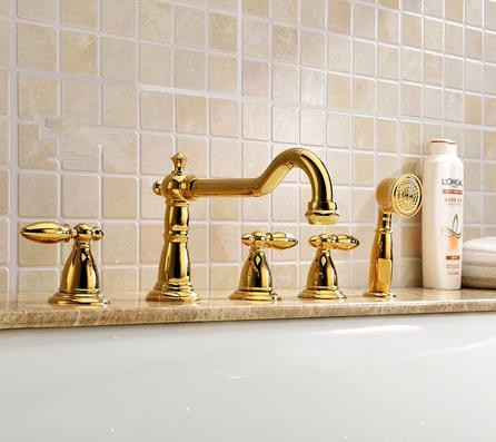 Antique Classic Golden Printed Luxury Widespread Tub Tap with Hand Shower BT0889 - Click Image to Close