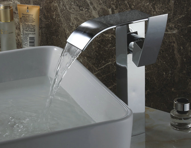Chrome Finish Contemporary Waterfall Bathroom Sink Tap (Tall) TQ3026H - Click Image to Close