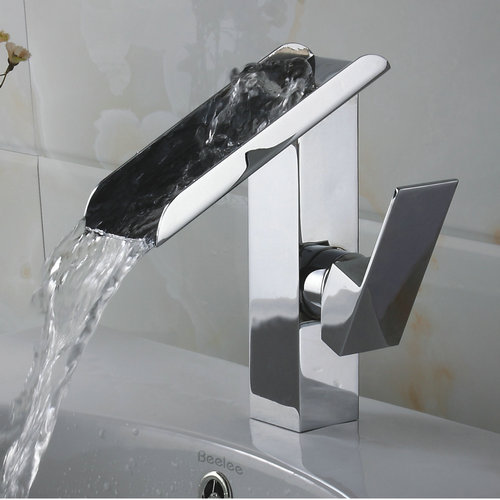 Single Handle Contemporary Solid Brass Waterfall Bathroom Sink Tap Chrome Finish TQ3028 - Click Image to Close