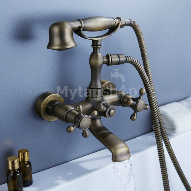 Traditional Antique Brass Finish Tub Tap with Hand Shower - TSA011 - Click Image to Close