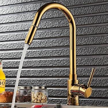 Luxury High-Arc Single Handle Solid Brass Gold Pull-out Spray Kitchen Tap T0238G