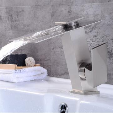 Nickel Brushed Brass Single Handle Waterfall Mixer Bathroom Sink Tap T0278N