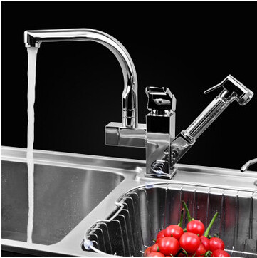 Chrome Two Handles Pull Out Mixer Centerset Kitchen Tap T0790E - Click Image to Close