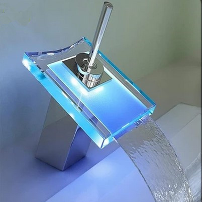 Contemporary Color Changing LED Glass Spout Waterfall Bathroom Sink Tap - T0815-1F - Click Image to Close