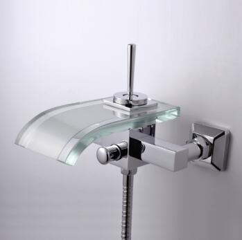 Single Handle Waterfall Wall-Mount Chrome Glass Bathtub Tap (T0821W) - Click Image to Close