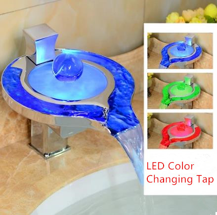 Contemporary Color Changing LED Waterfall Bathroom Sink Tap - T8008F