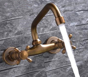 Antique Brass FInished Wall Mounted Mixer Bathroom Sink Tap TA109W - Click Image to Close