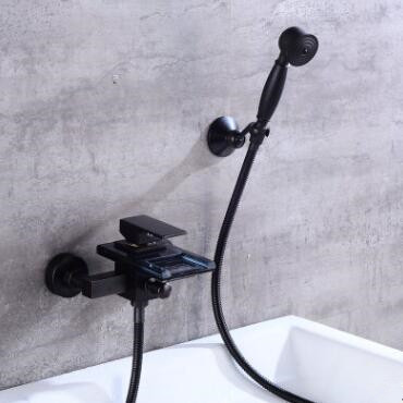 Antique Black Brass Wall Mounted Waterfall Bathtub Tap Glass Spout with Hand Shower TB380B