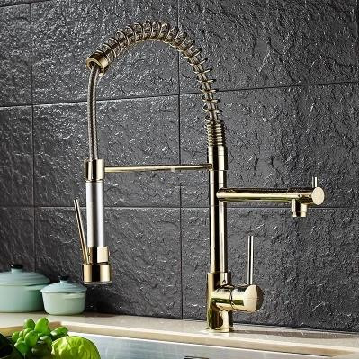 Antique Brass Bright Golden Printed Spring Kitchen Pull Out Mixer Sink Tap TG0459 - Click Image to Close