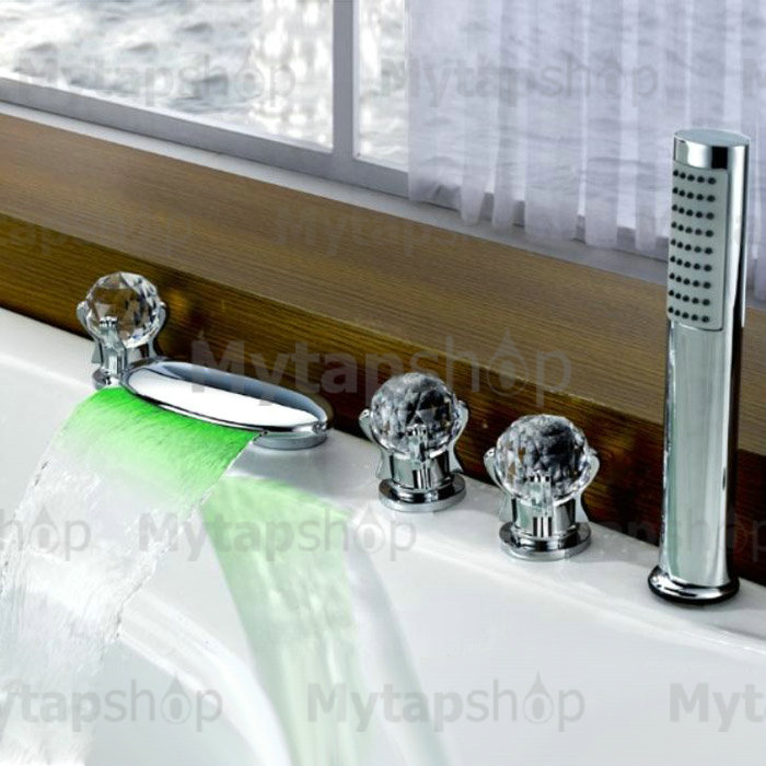 Contemporary Color Changing LED Glass Handles Tub Waterfall Tap with Hand Shower T6016 - Click Image to Close