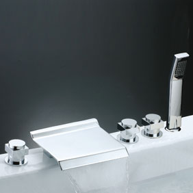 Contemporary Waterfall Tub Tap with Hand Shower (Chrome Finish) T7015 - Click Image to Close