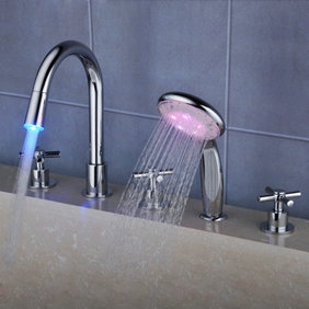 Contemporary Color Changing LED Waterfall Widespread Tub Tap with Hand Shower T0464F