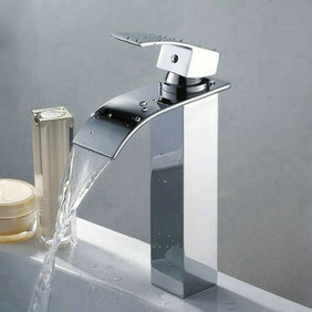 Contemporary Brass Waterfall Bathroom Sink Tap (Tall) T0517H - Click Image to Close