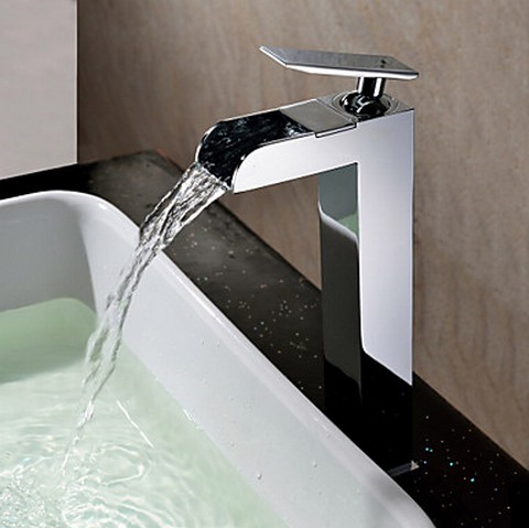 Contemporary Waterfall Chrome Finish Bathroom Sink Tap (Tall) TQ0608 - Click Image to Close