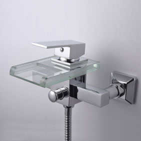 Contemporary Waterfall Tub Tap with Glass Spout (Wall Mount)T0818W - Click Image to Close