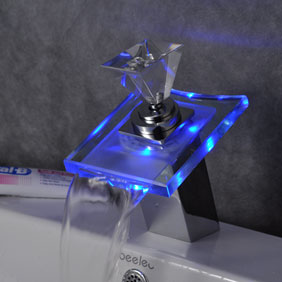 Contemporary Color Changing LED Glass Handle Waterfall Bathroom Sink Tap - T0819F - Click Image to Close