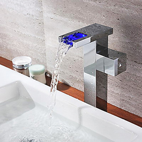 Chrome Finish Single Handle Color Changing LED Waterfall Bathroom Sink Faucet Tall T0828HF