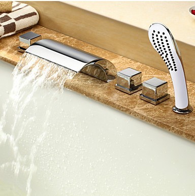 Contemporary Two Handles Waterfall Tub Tap with Hand Shower T6025C - Click Image to Close
