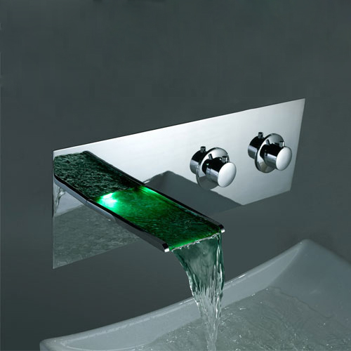 Contemporary Color Changing LED Two Handles Waterfall Widespread Bathroom Sink Tap - T8001F - Click Image to Close