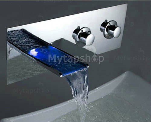 Contemporary Color Changing LED Two Handles Waterfall Widespread Bathroom Sink Tap - T8001F - Click Image to Close