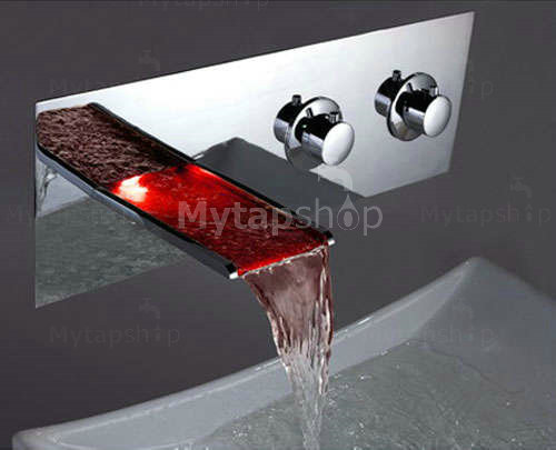 Contemporary Color Changing LED Two Handles Waterfall Widespread Bathroom Sink Tap - T8001F - Click Image to Close