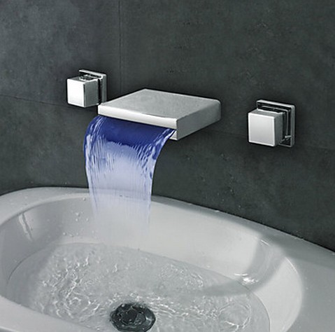 Widespread Wall Mount Waterfall 3 Colors LED Bathroom Sink Tap T8041