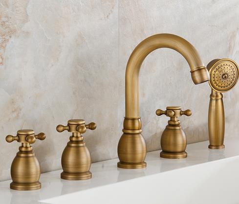 Antique Brass Five-pieces Widespread Tub Tap with Hand Shower BT0328 - Click Image to Close