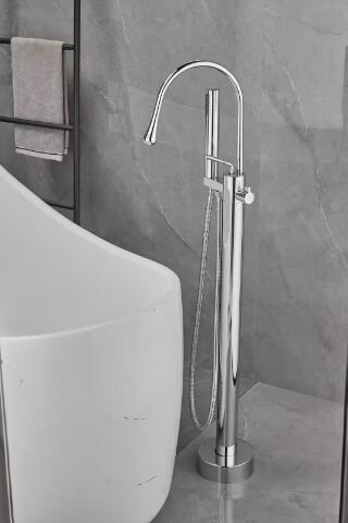 Chrome Freestanding Floor Mount With Hand Shower Single Handle Brass Bathtub Tap BTC0577