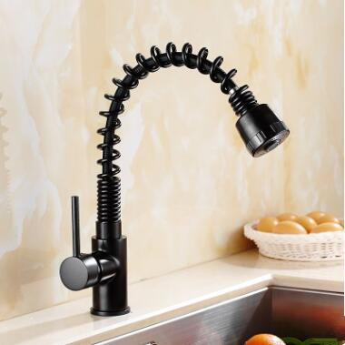 Black Bronze Brass Rotatable Mixer Water Spring Pull Out Kitchen Sink Tap T0158P