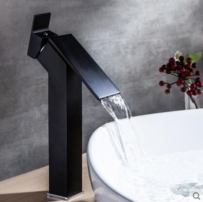 Antique Matte Black Brass Waterfall Thickened Mixer Tall Bathroom Sink Tap T0165BH