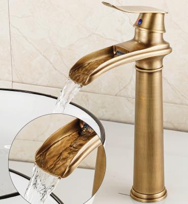 Antique Brass Basin Tap Waterfall Single Handle Mixer High Version Bathroom Sink Tap T0177AH
