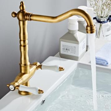 Classical Antique Brass Two Handles Rotatable Kitchen Bathroom Sink Tap T0228A - Click Image to Close