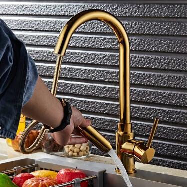 Luxury High-Arc Single Handle Solid Brass Gold Pull-out Spray Kitchen Tap T0238G - Click Image to Close